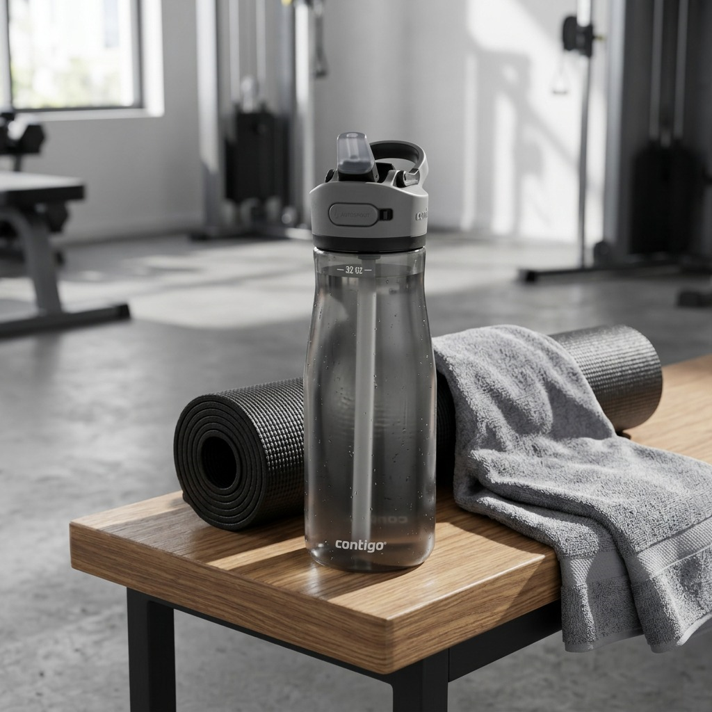 Contigo 32oz Autospout Ashland 2.0 Licorice bottle with gym mat and towel on a wood bench.