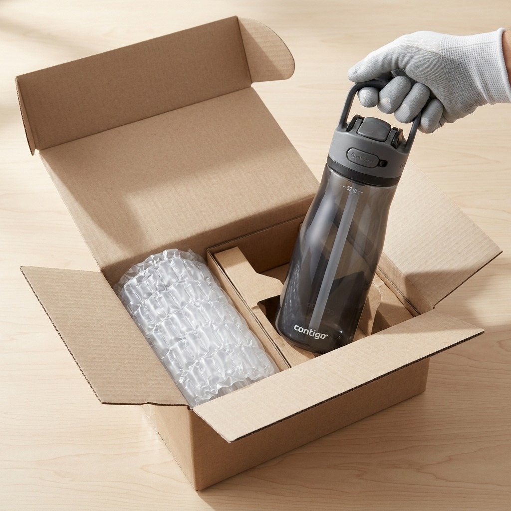 A gloved hand unboxing a 32oz Contigo Ashland 2.0 Licorice bottle with protective air pillows.