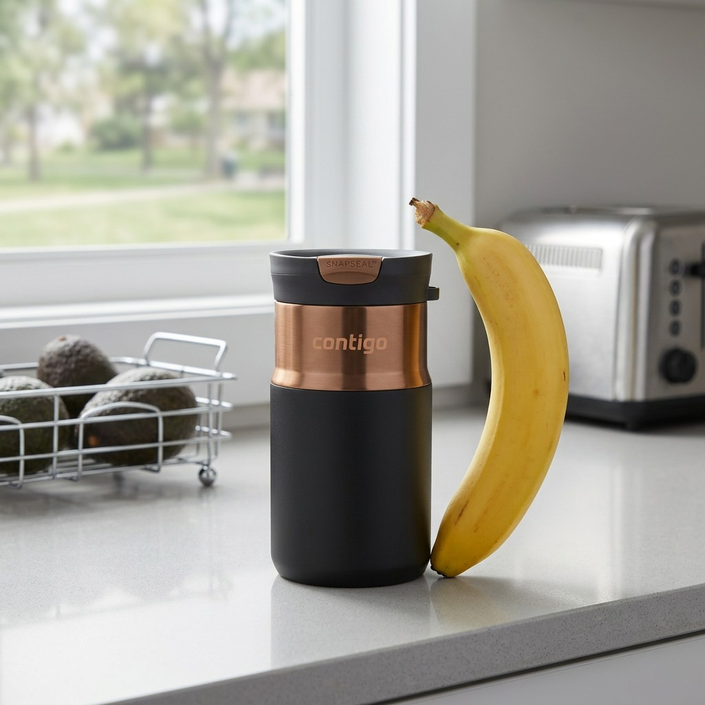Contigo 10oz Snapseal Licorice Bronze travel mug on a kitchen counter next to a banana for scale.