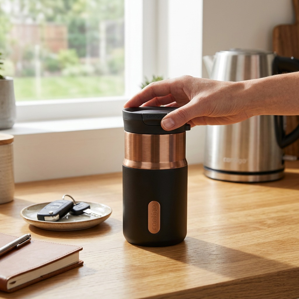 A hand secures the lid of a 10oz Contigo SnapSeal travel mug in Licorice Bronze on a wooden counter.