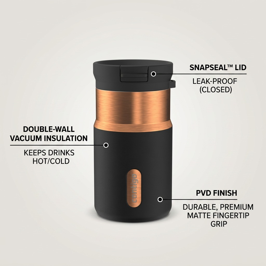 Contigo 10oz Licorice Bronze SnapSeal Travel Mug features vacuum insulation and a PVD matte finish.