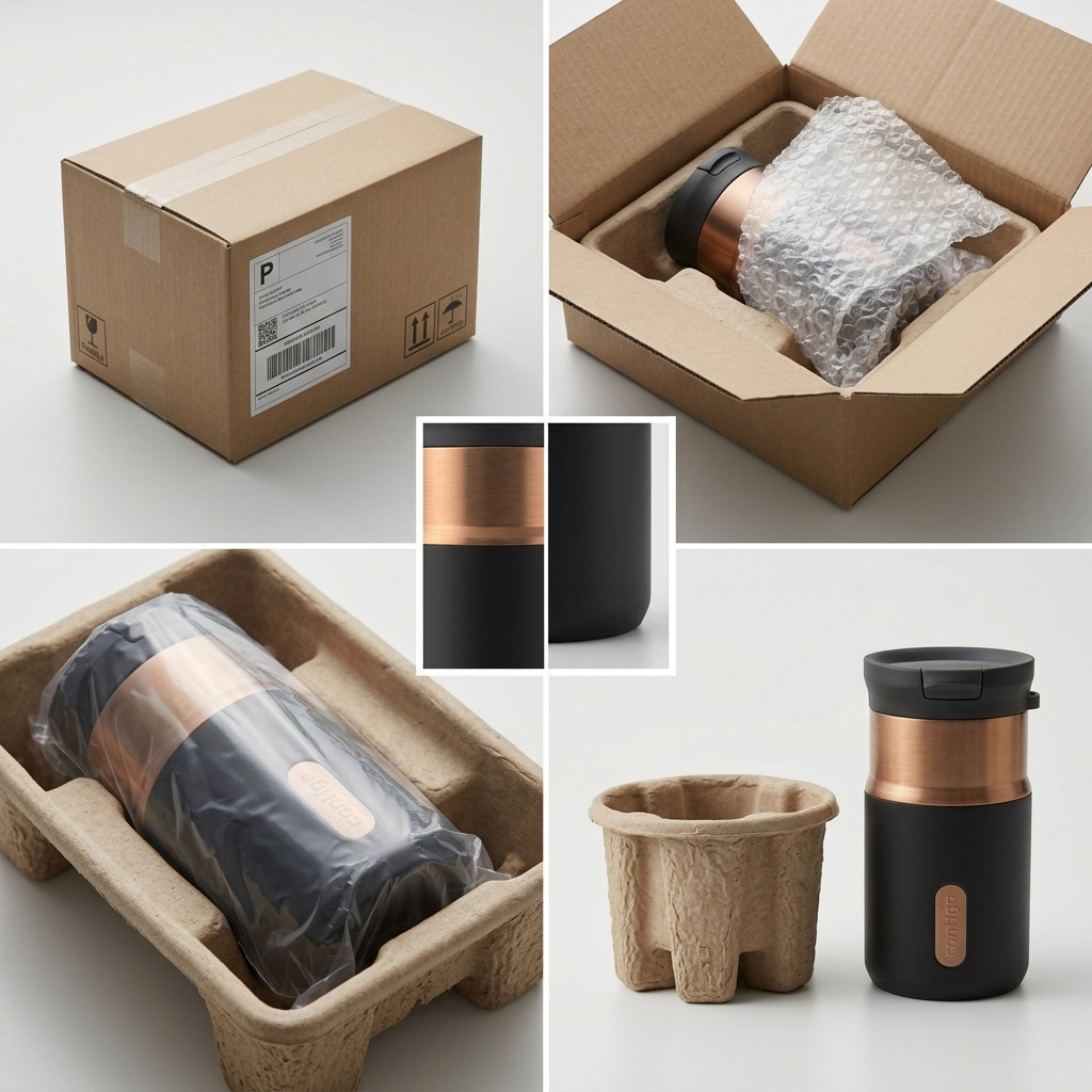 Contigo 10oz Snapseal mug in Licorice Bronze shown in secure shipping box with protective padding.
