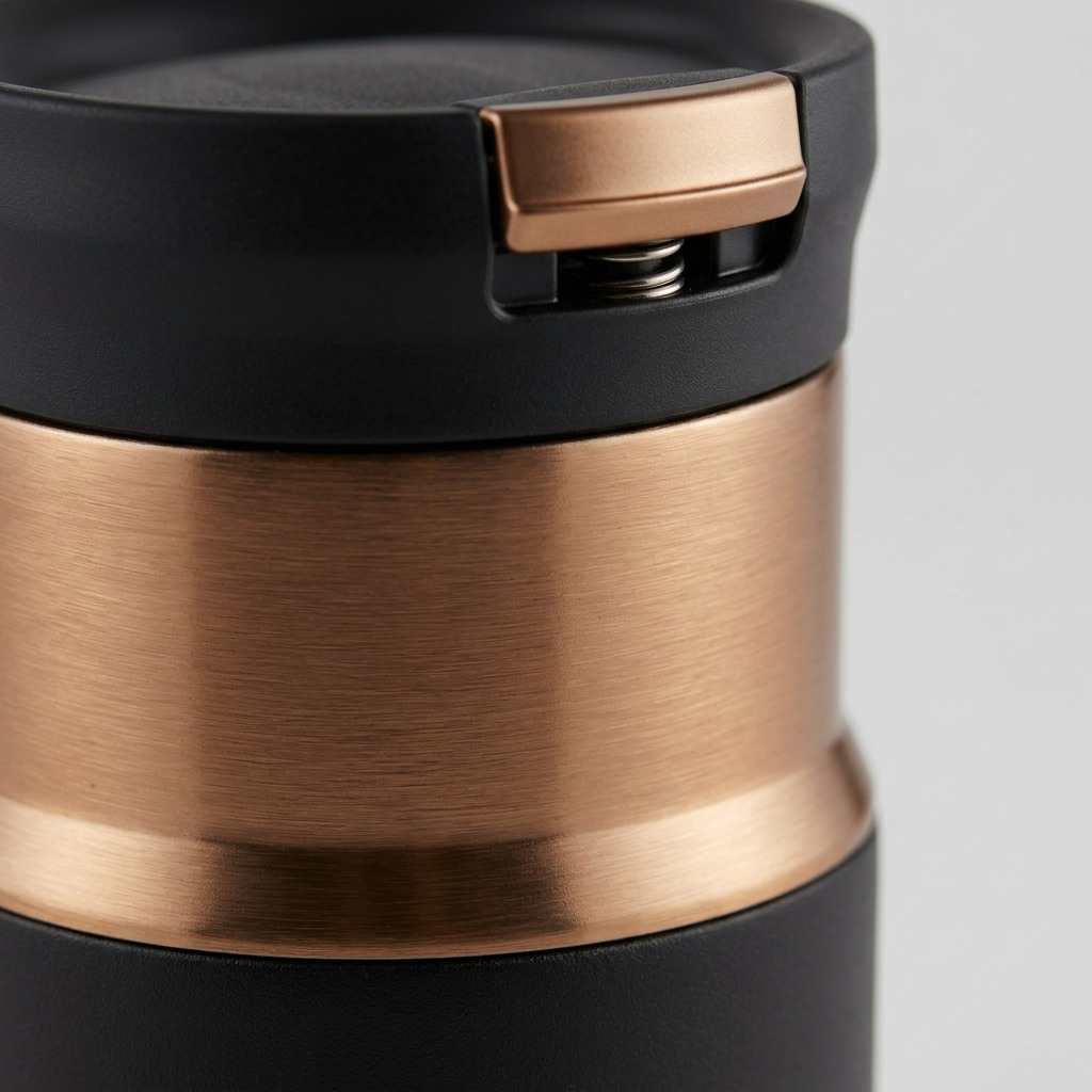 Macro detail of the Contigo 10oz SnapSeal Travel Mug's brushed bronze finish and snap-close lid.