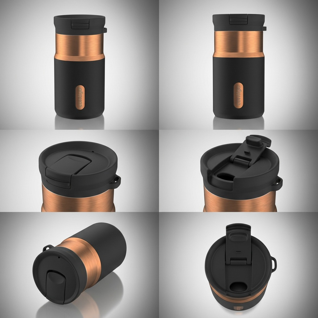 Contigo SnapSeal 10oz Licorice Bronze travel mug in six views showing the leak-proof lid and finish.