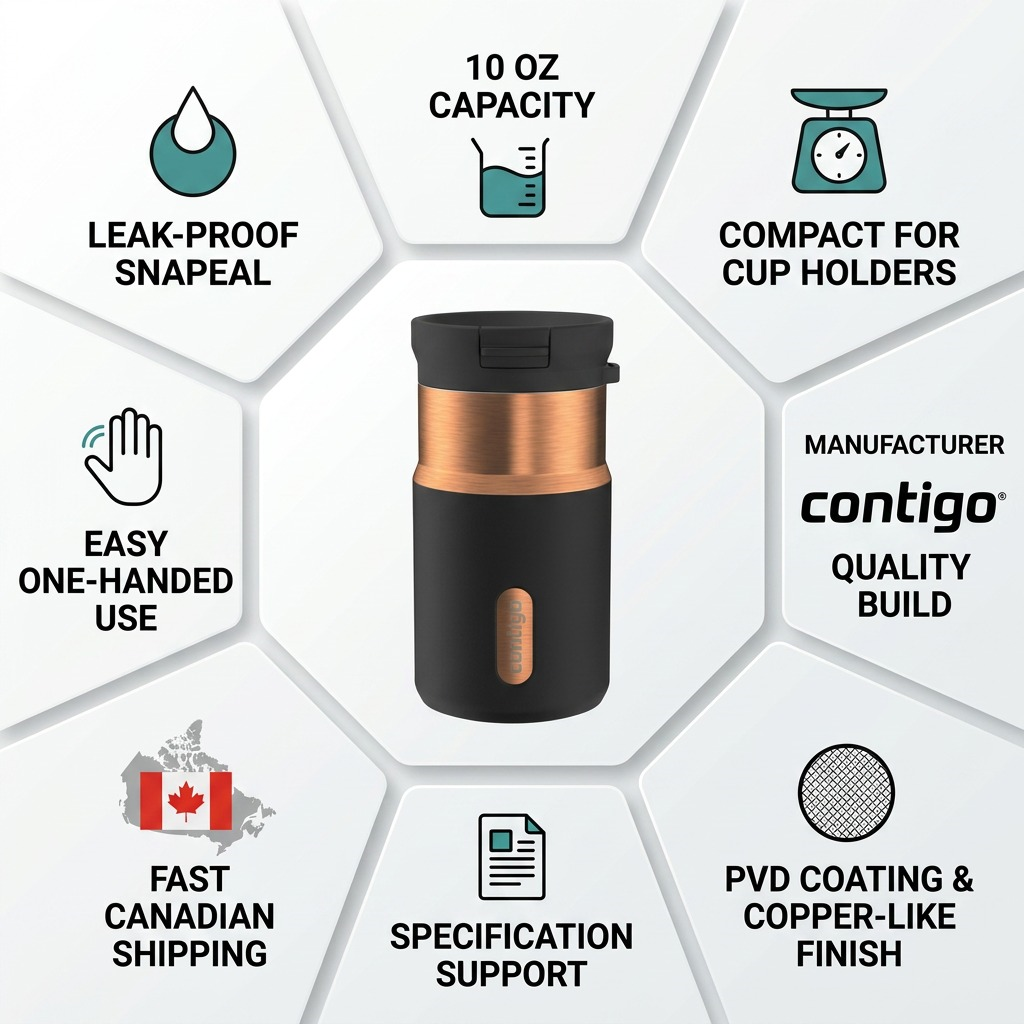 Contigo 10oz SnapSeal travel mug infographic showing leak-proof lid, one-handed use, and copper-like PVD finish.