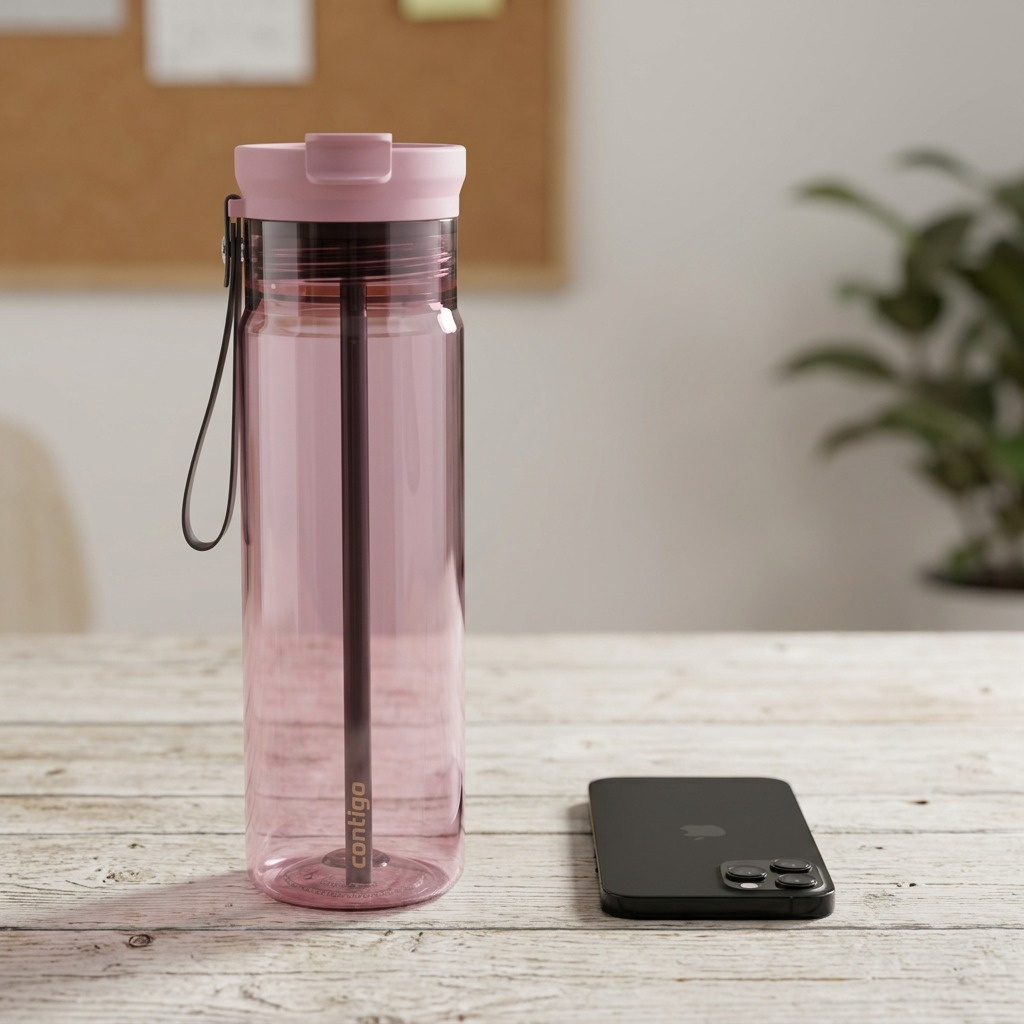 Scale reference photo: Contigo 28oz pink water bottle stands on a rustic wood table next to a smartphone.