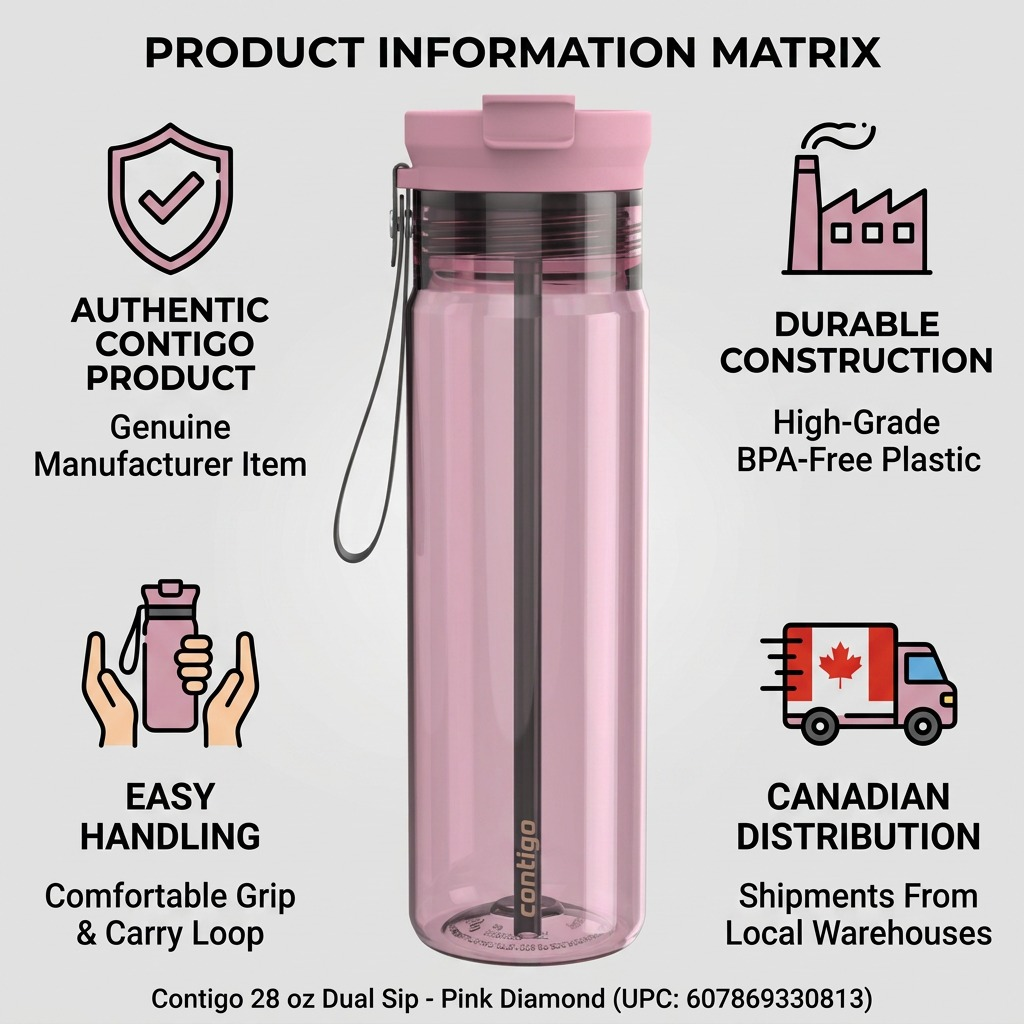 An infographic matrix for Contigo 28 oz Dual Sip Pink Diamond bottle, highlighting trust, construction, handling, and Canadian distribution with icons and concise text.