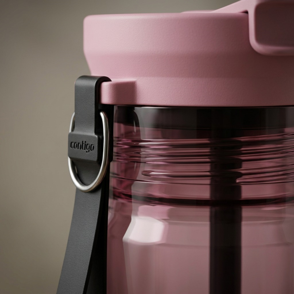 Macro view of the pink water bottle neck threads, cap materials, and metal attachment point.