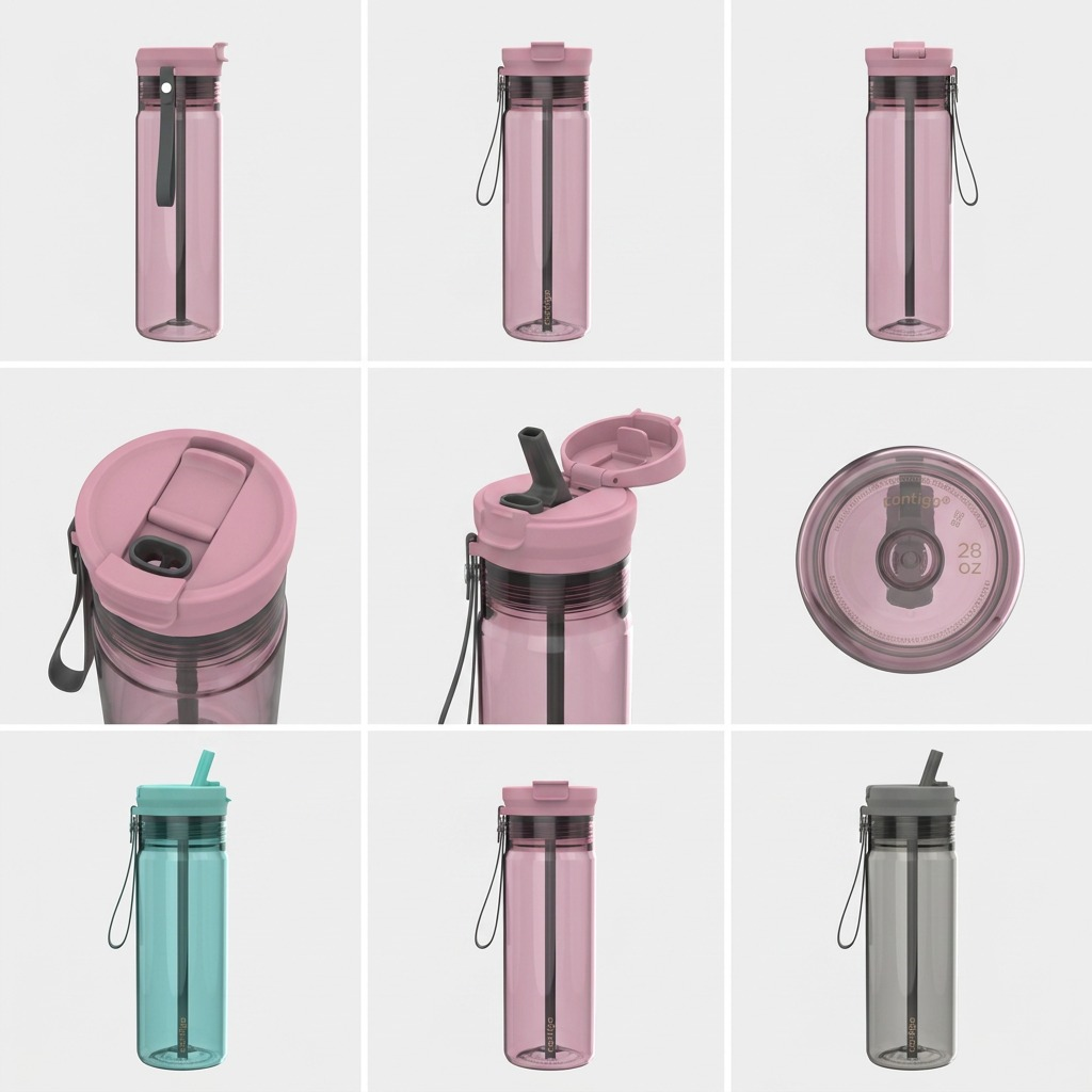 Contigo 28 oz water bottle 3x3 grid showing angles, lid close-ups, and colors.