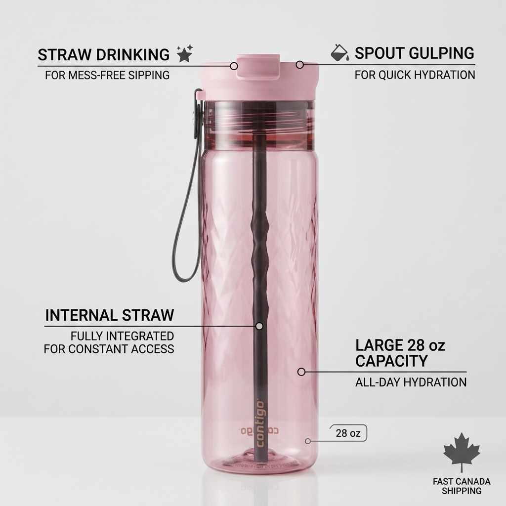 Operational features graphic of the Contigo 28oz Pink Diamond water bottle, detailing dual sip modes and capacity.