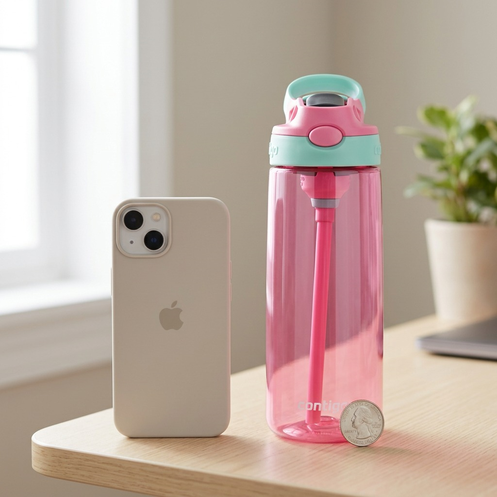 20oz Contigo bottle in pink and mint green, shown next to an iPhone for size reference.