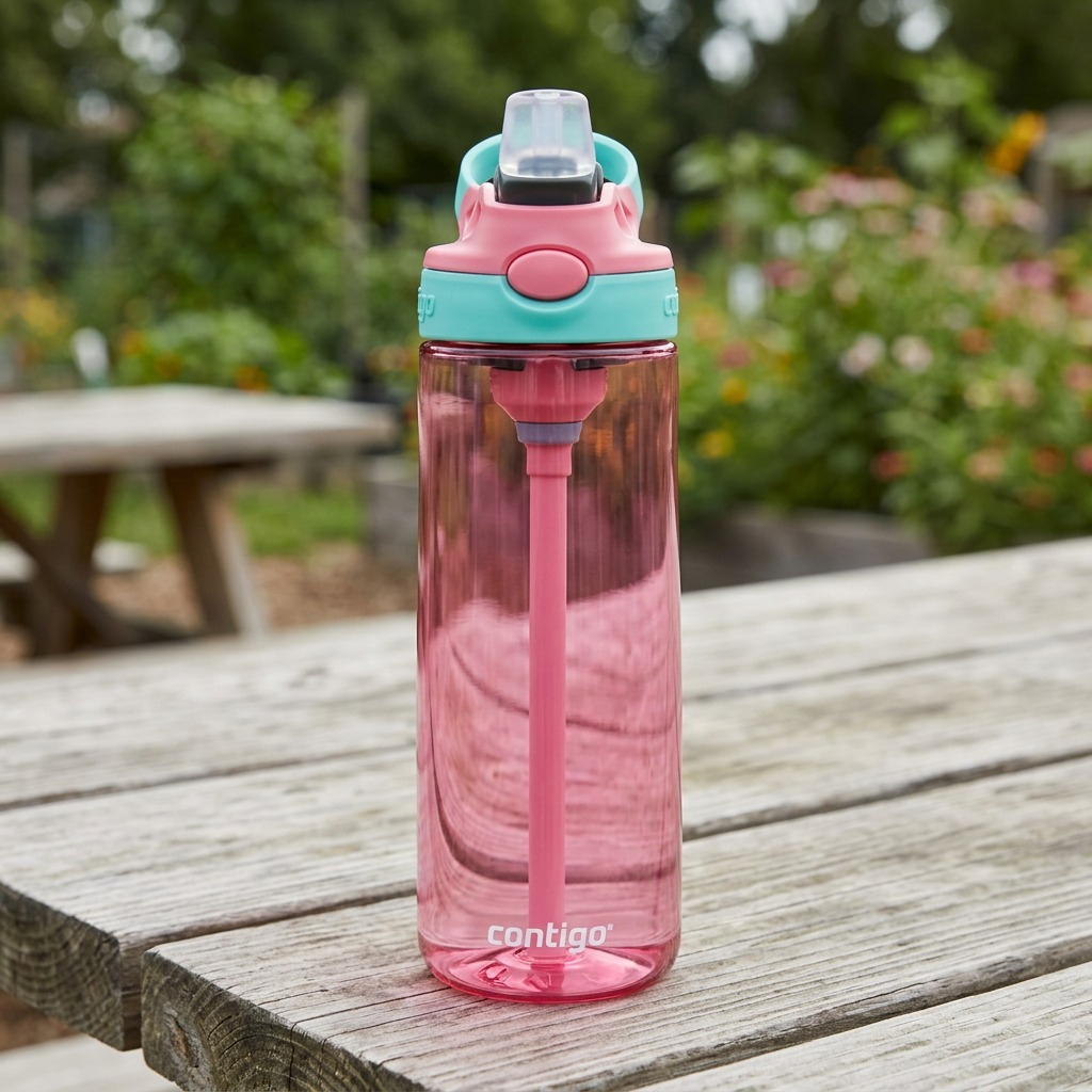 A close-up shot of a 20 oz pink and teal Contigo Autospout water bottle on a park bench.