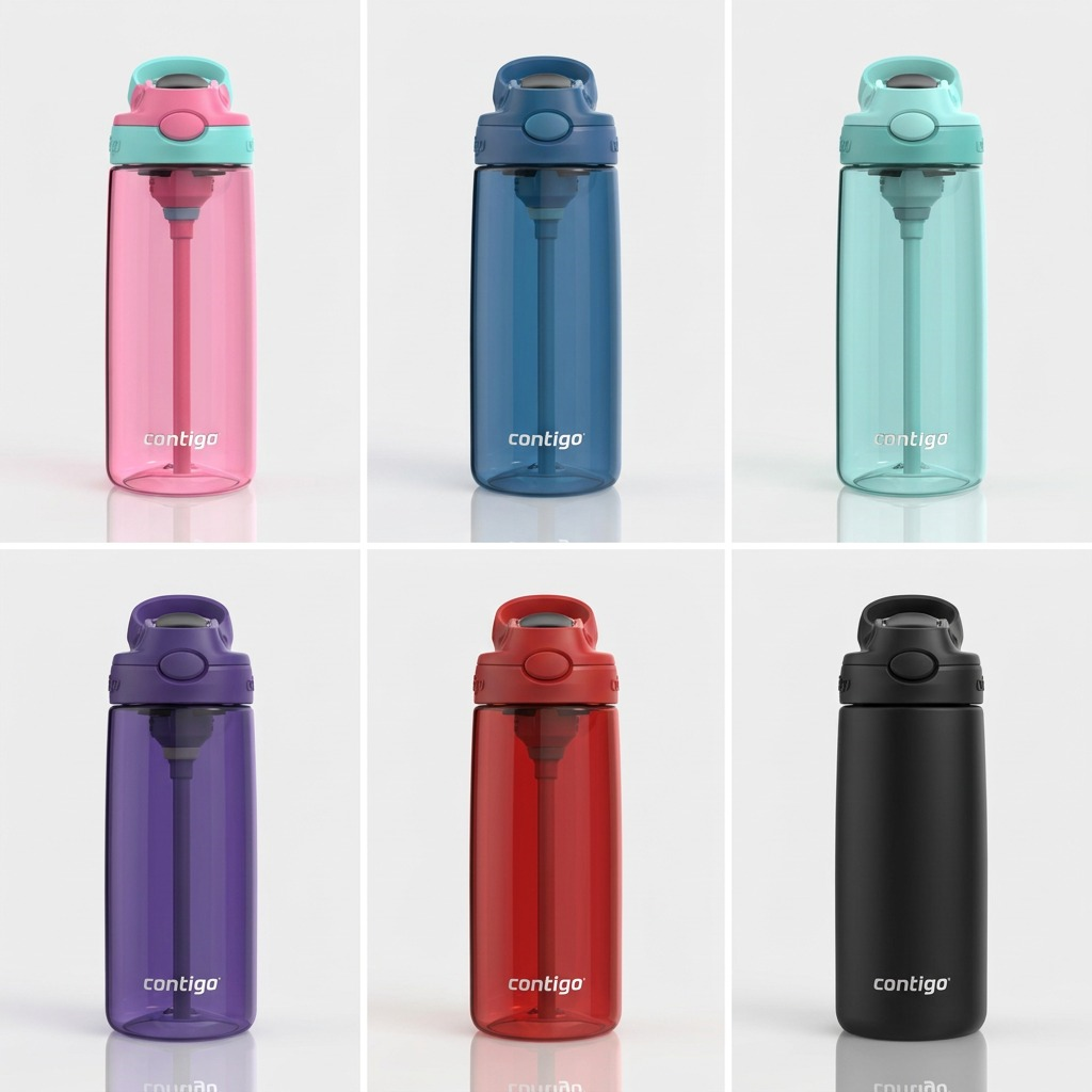 A premium ecommerce grid visual matrix showing the Contigo 20 oz Autospout bottle in five color variants: Azalea/Jade Vine, Blue, Teal, Red, and Black.