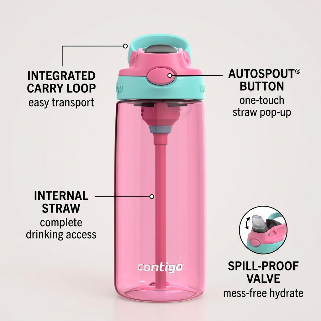 Feature callout graphic of the Contigo 20 oz Autospout bottle showing button, loop, straw, and spill-proof benefits.
