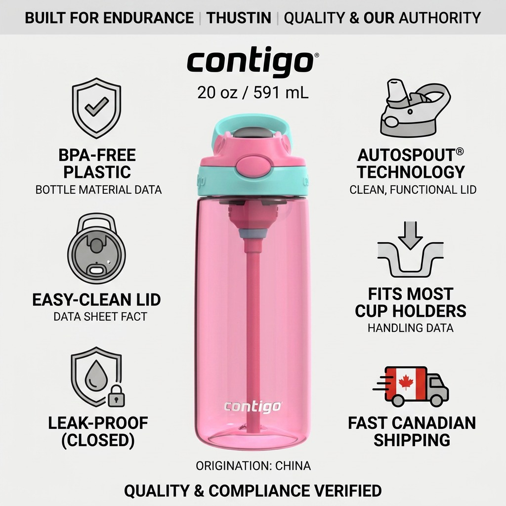 Contigo 20oz Autospout bottle infographic featuring trust icons and product specification details.