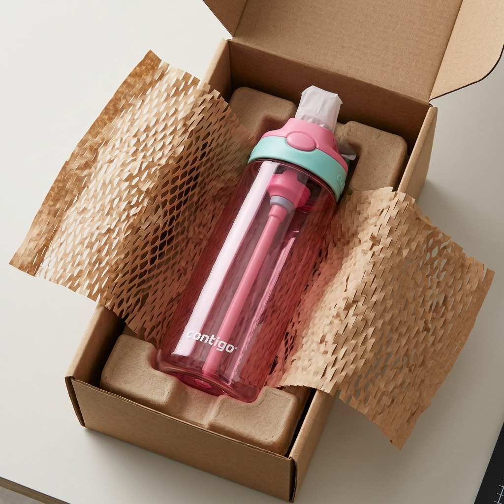 A realistic unboxing scene showing the Contigo 20 oz top, wrapped in protective honeycomb paper within a corrugated shipping box.