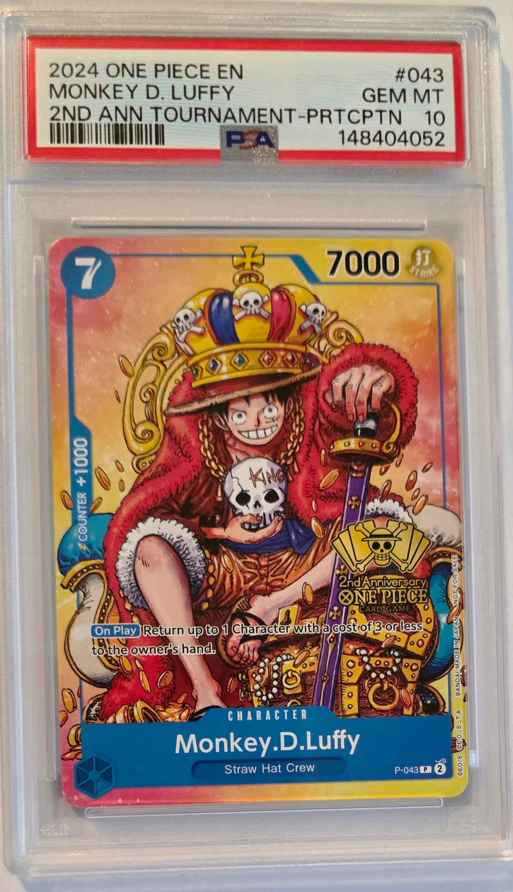 2024 One Piece P-043 Monkey.D.Luffy 2nd Anniversary Tournament Participation PSA 10 Gem Mint