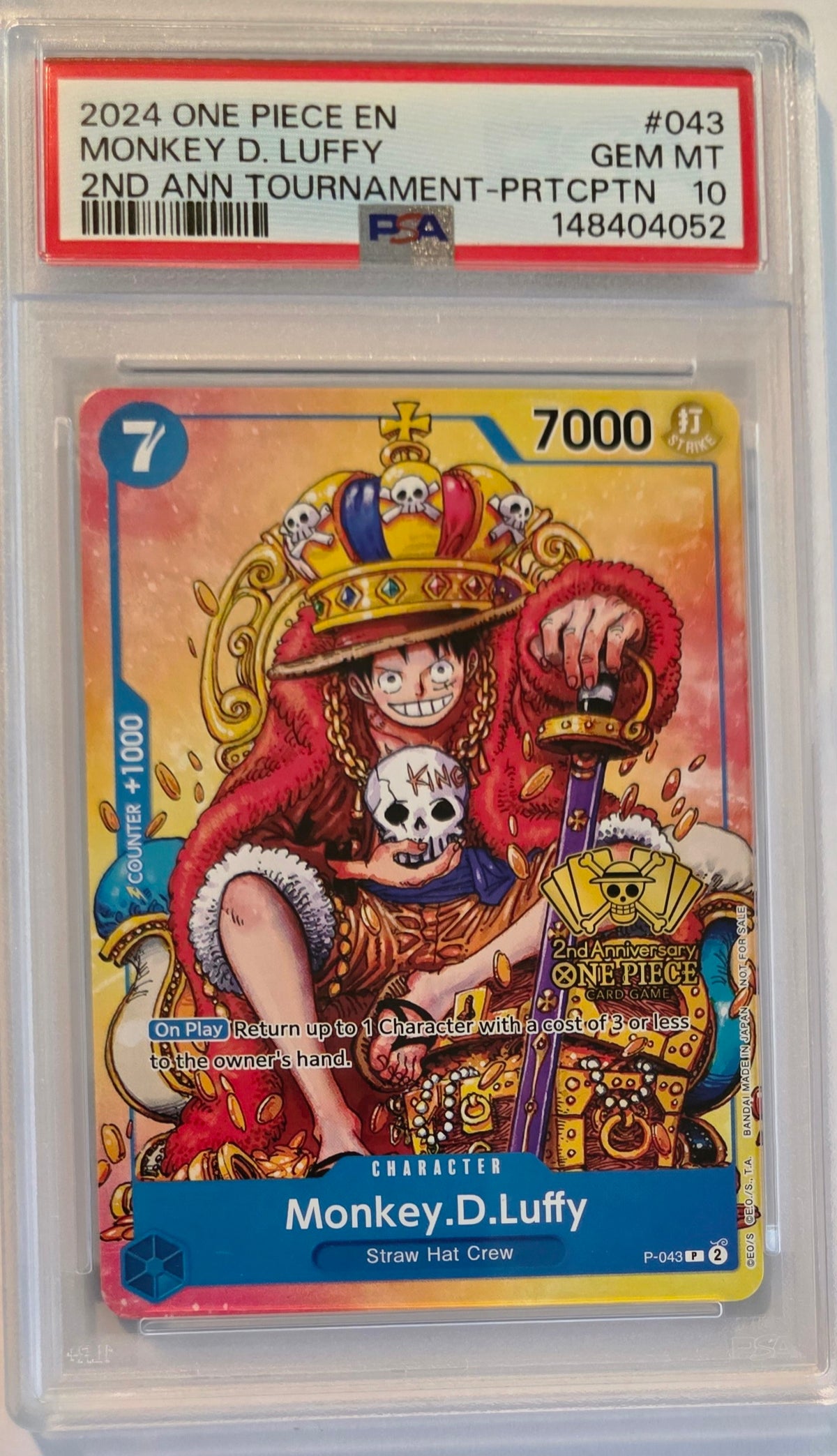 2024 One Piece P-043 Monkey.D.Luffy 2nd Anniversary Tournament Participation PSA 10 Gem Mint