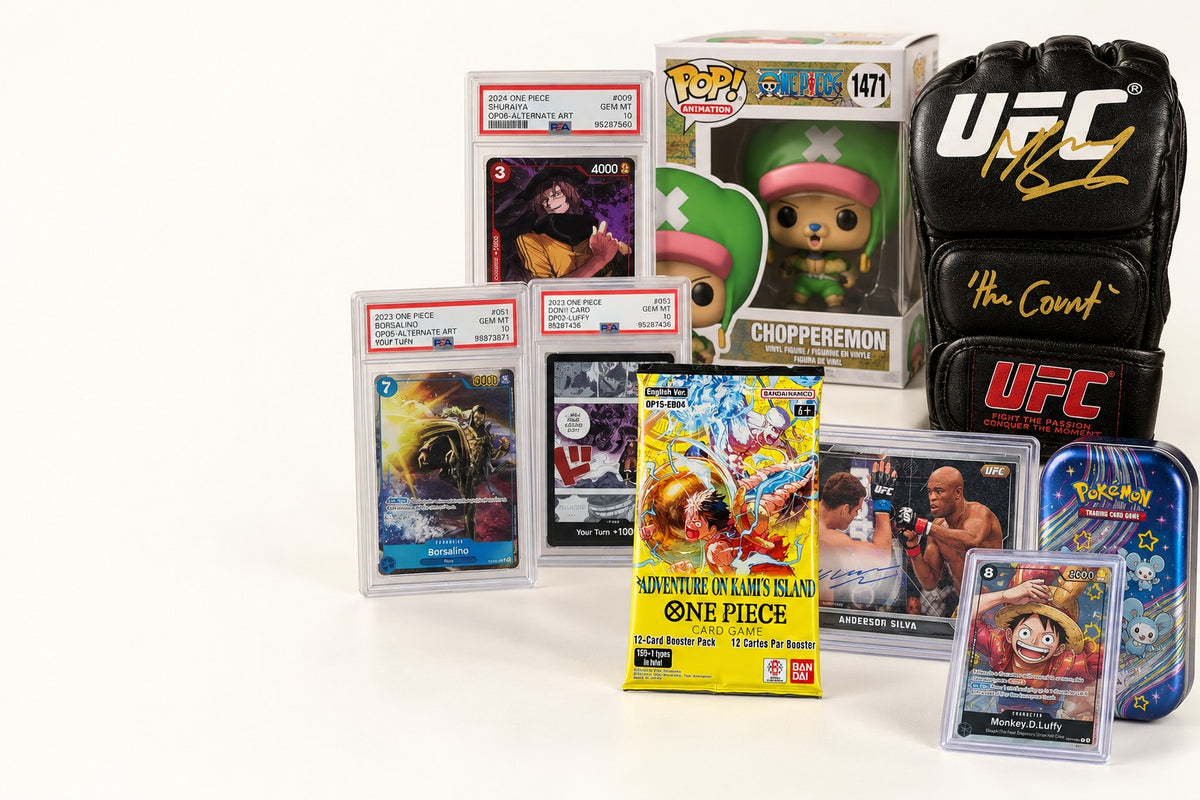 Raging Canucks inventory: PSA 10 One Piece slabs, signed UFC glove, Topps autograph card, Funko Pop and a sealed booster pack