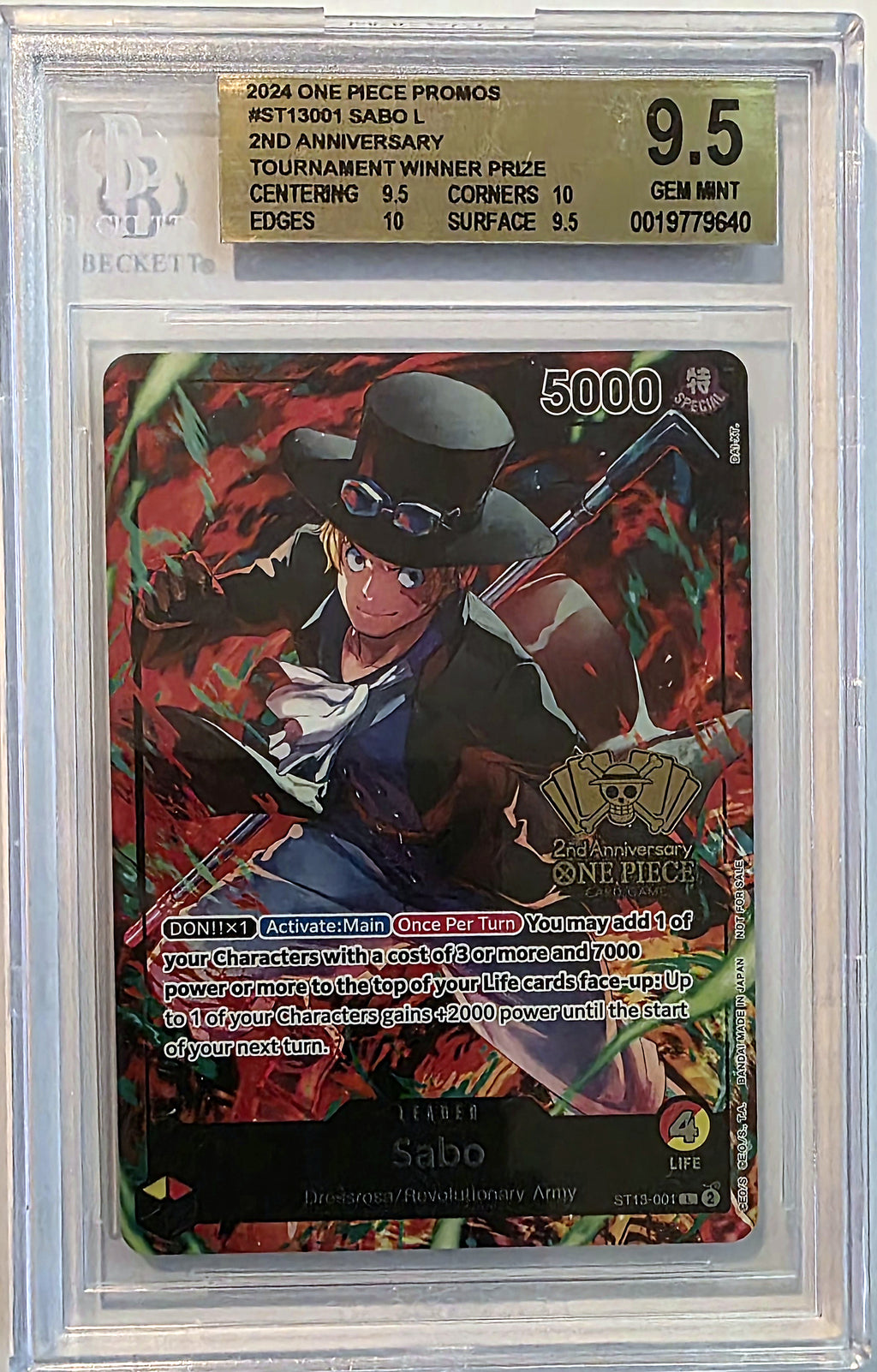 2024 One Piece ST13-001 Sabo Leader 2nd Anniversary Tournament Winner Prize BGS 9.5 Gem Mint
