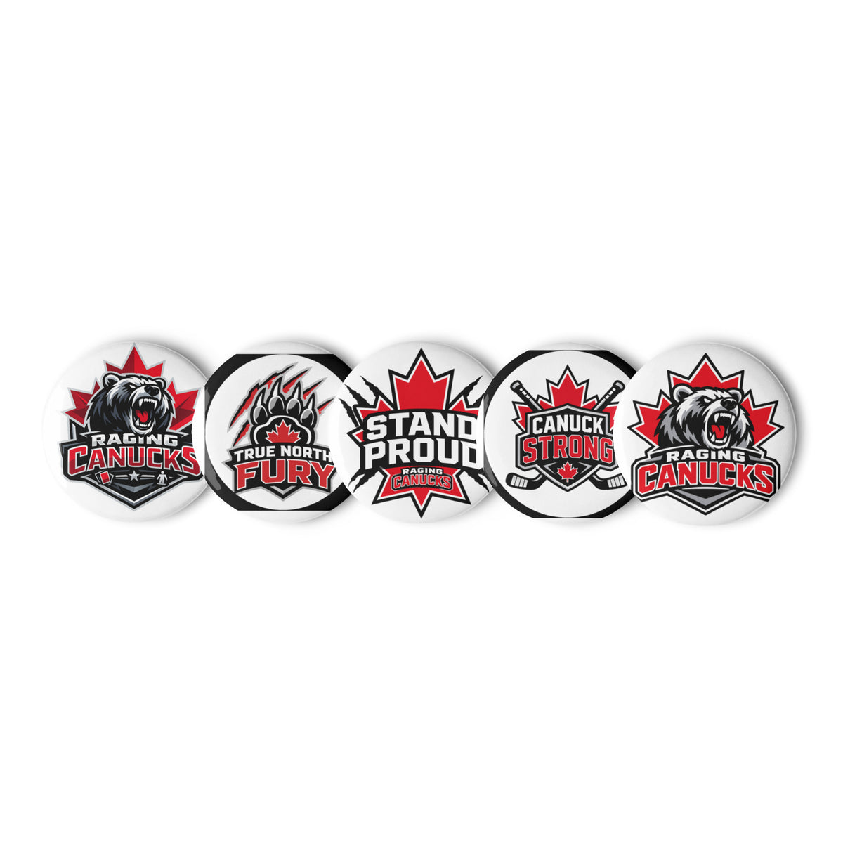 Raging Canucks Pin Button Set with five logo and slogan button designs