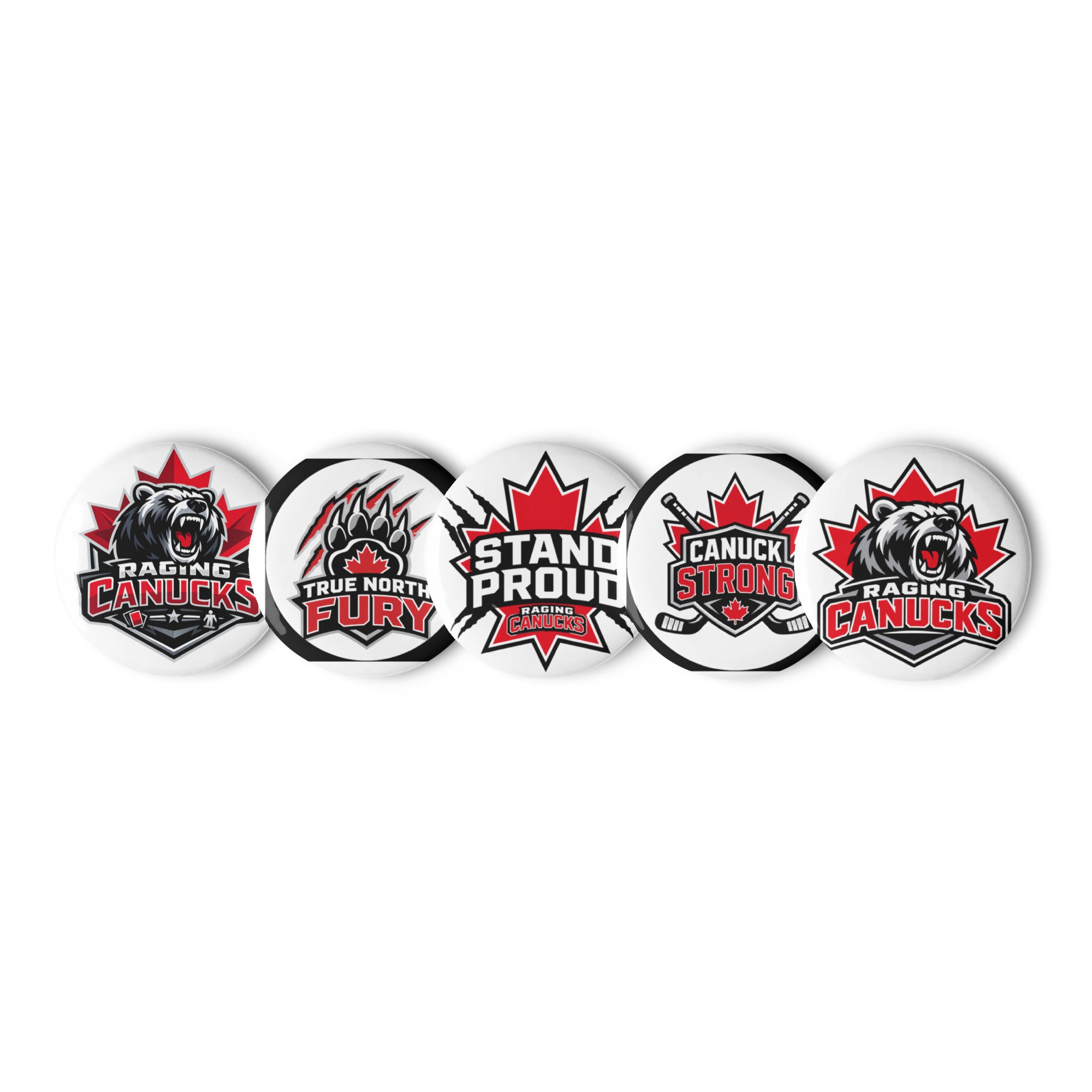 Raging Canucks Pin Button Set with five logo and slogan button designs